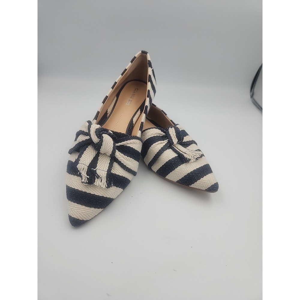 Gianni Bini Navy White Tan Striped Canvas Buckle Slip-On Flats Women's Shoes 8